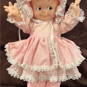 Vintage Kewpie Doll in Pink Outfit with Lace Trim
